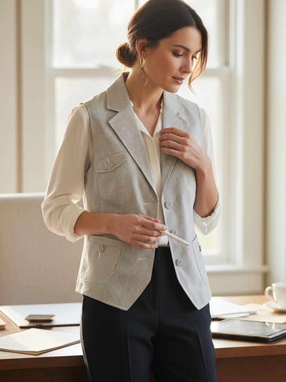 NWOT BIANCA Grey Pinstripe Sleeveless Vest 10